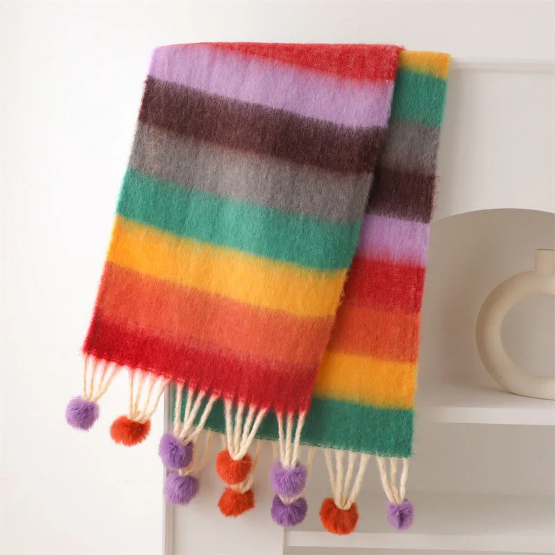 

Красочный шарф дофамина, полосатая шаль с кисточками, корейский осенне-зимний теплый подвесной шерстяной шарф, морозостойкий Радужный шарф