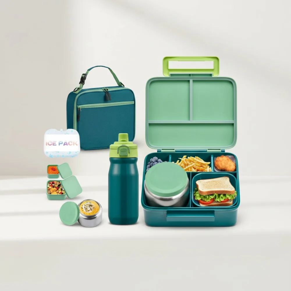 

Детский ланч-бокс Bento с суповым термосом на 8 унций, герметичными контейнерами для пищевых продуктов, изоляционной сумкой и бутылкой для воды на 17 унций для школьных путешествий