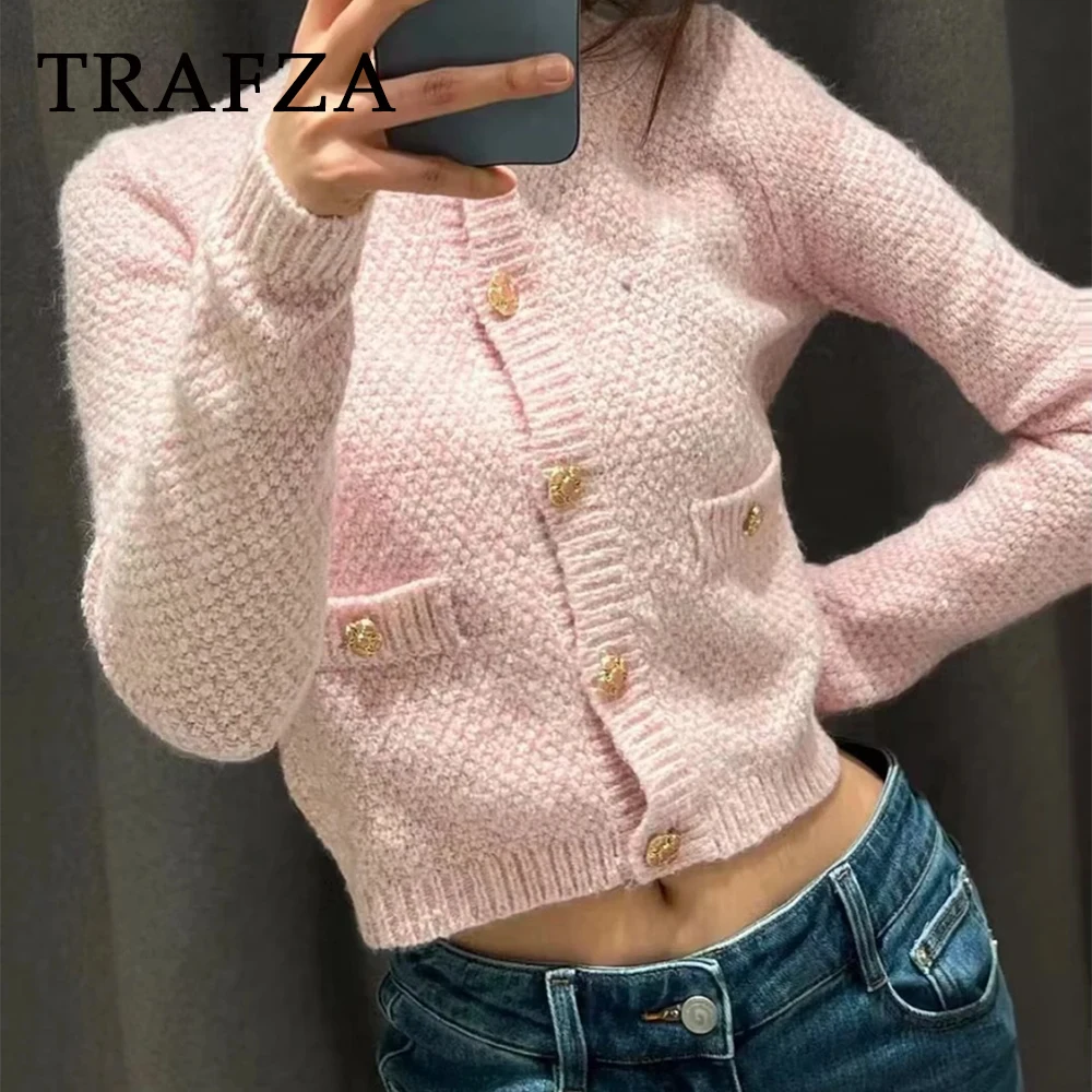 

TRAFZA Chic Casual 2025 Knit Women Pink Vintage Sweaters O-Neck Loose Knitwear Streetwear Button Y2K Chic Elegant Mujer Outwear