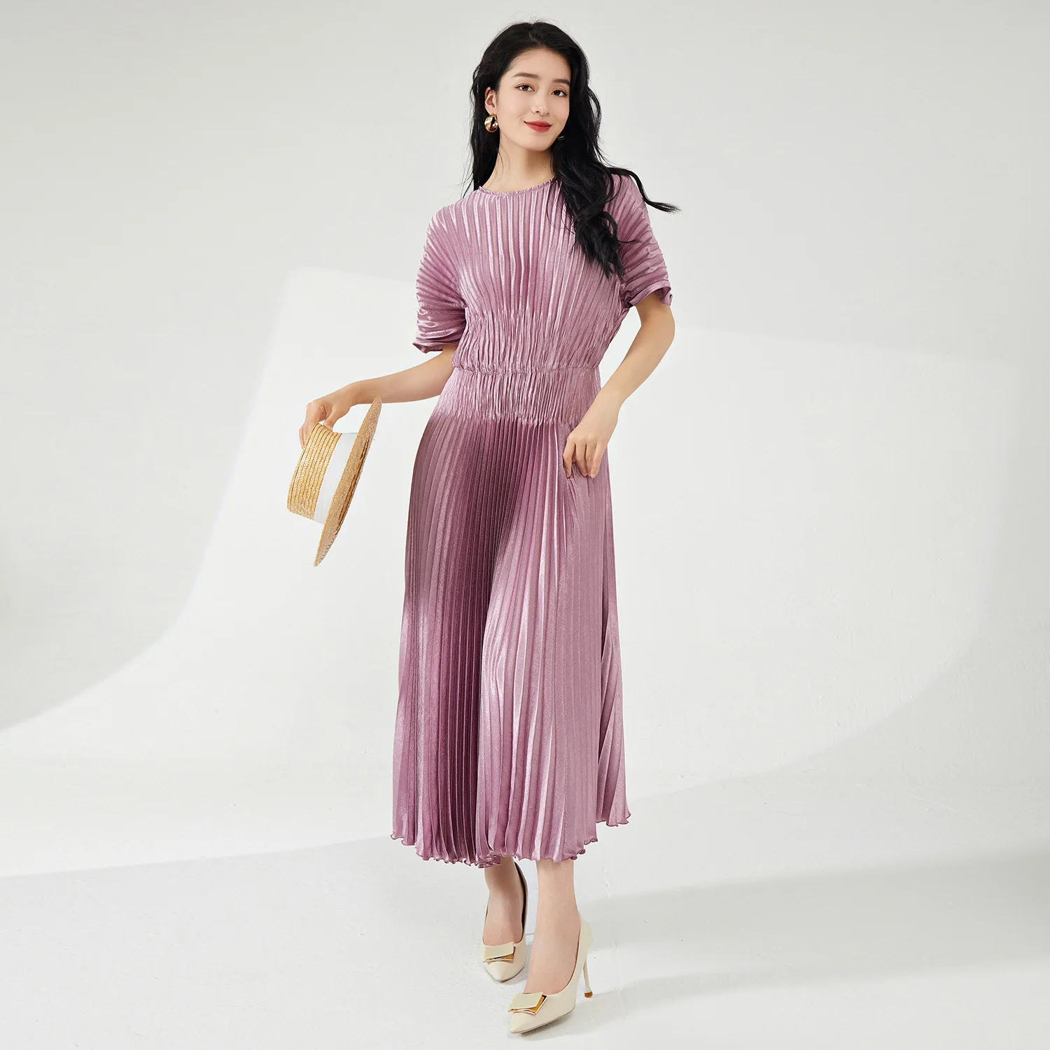 Gold Emed asymétrique plissé Long Dr minceur femme Faion Ele taille haute régulier Sve t-shirt fibre d'acétate