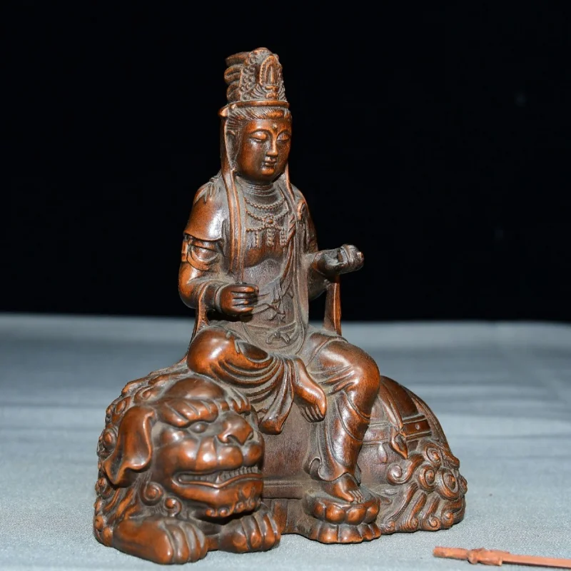 Hand Carved Boxwood Manjushri Bodhisattva On Lion Figurine Vintage Wooden Wisdom Buddha Desktop Decor Craft Gift