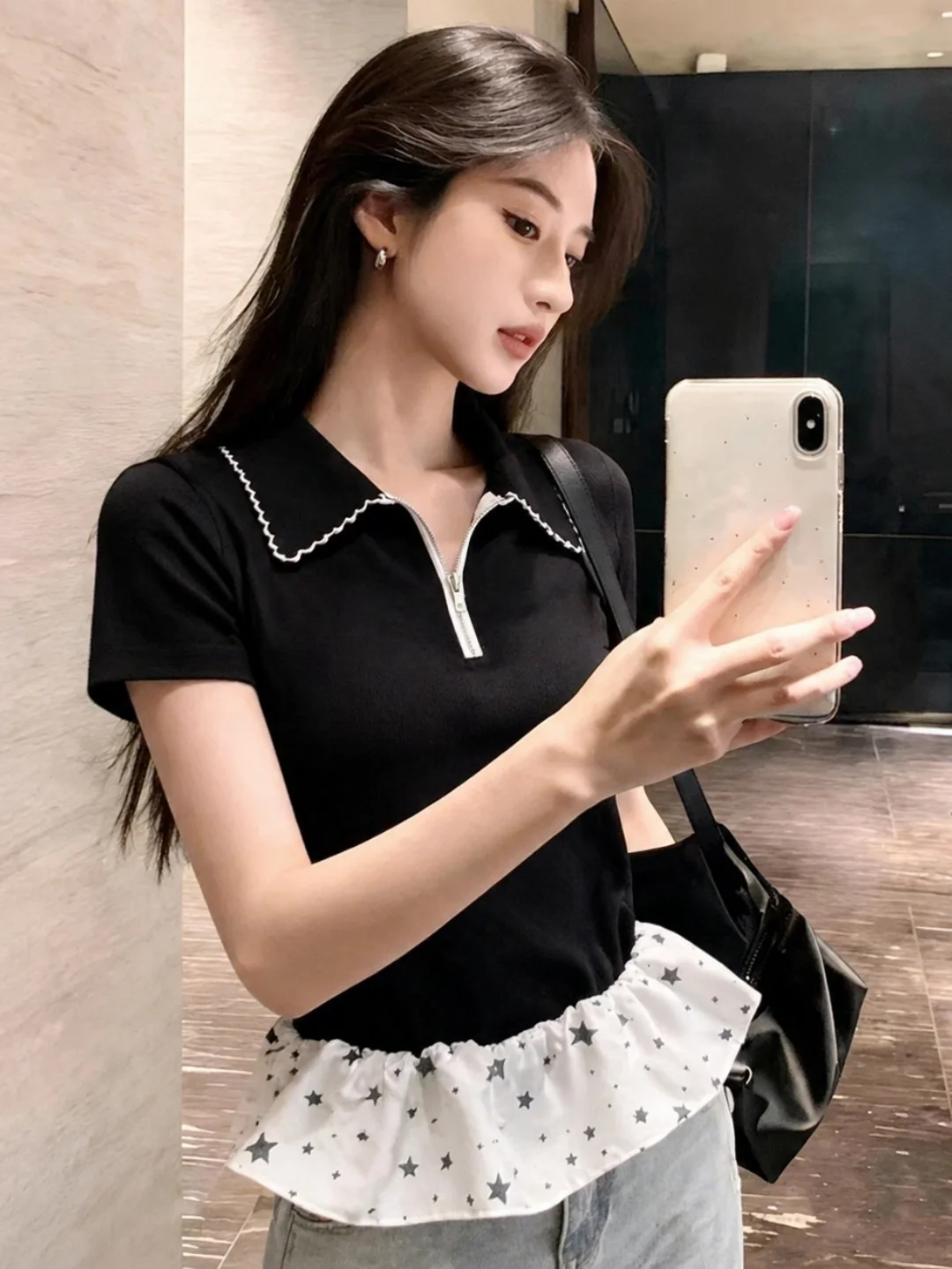 

Korean Style Summer Fashion Short Sleeve T-Shirt Color Block Design Star Lace Trim Slimming Top Women's Silk Shirt
