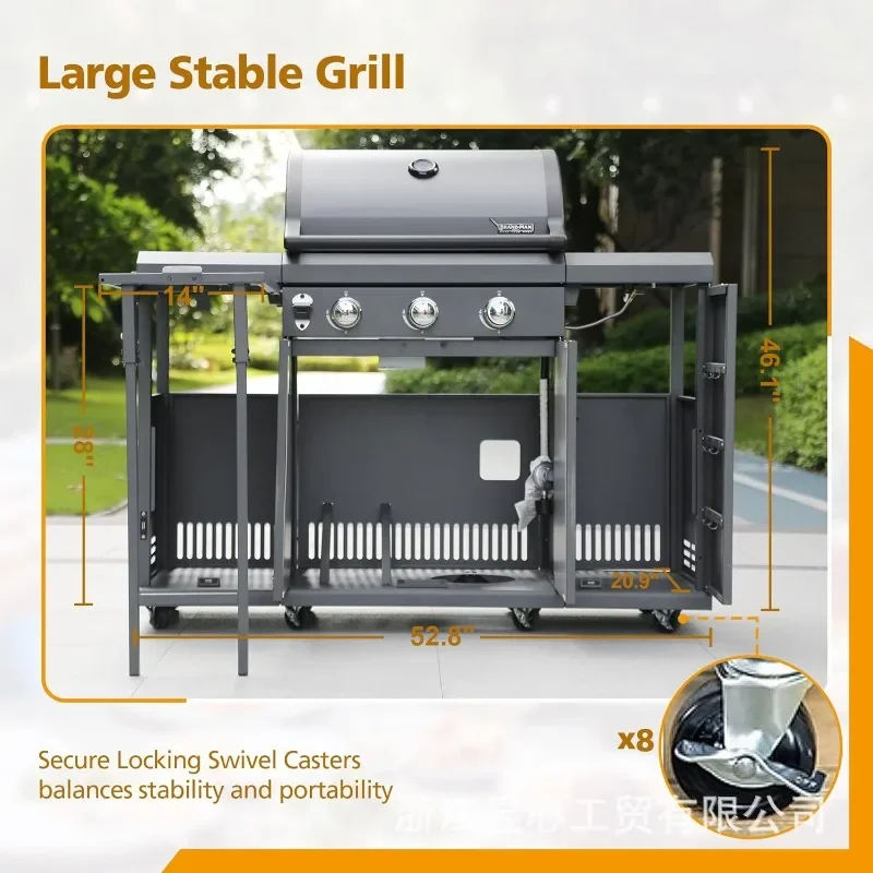 Propane gas grill, cabinet grill