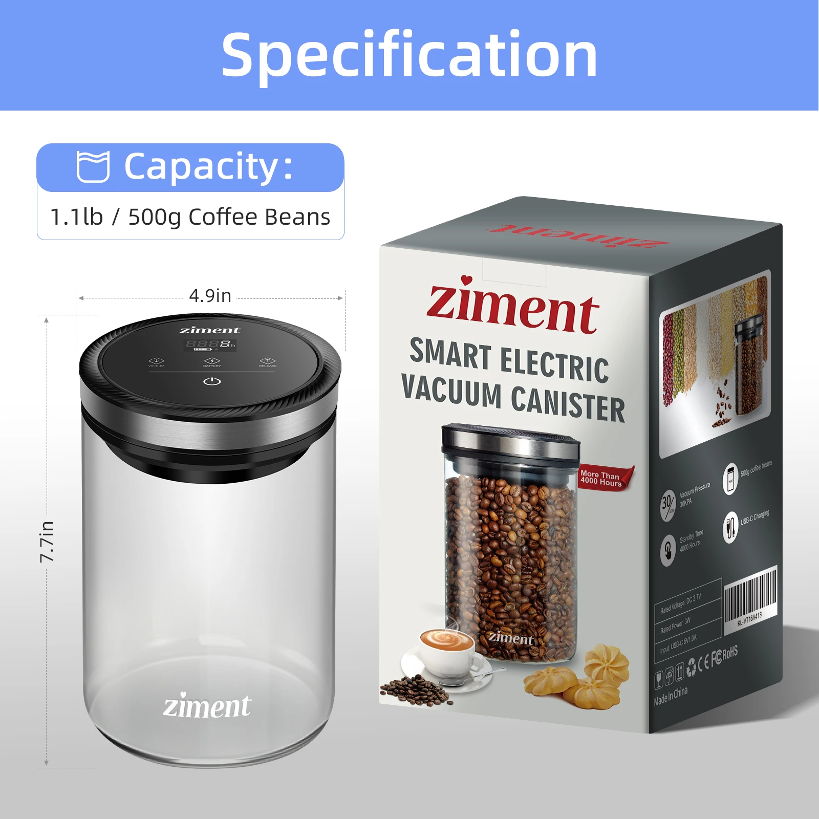Tarro sellado al vacío, botella de almacenamiento de granos de café, 1,6l/1,1 libras, cocina, comida, grano, té, tarro de vidrio, tarro de almacenamiento fresco, accesorios de cocina