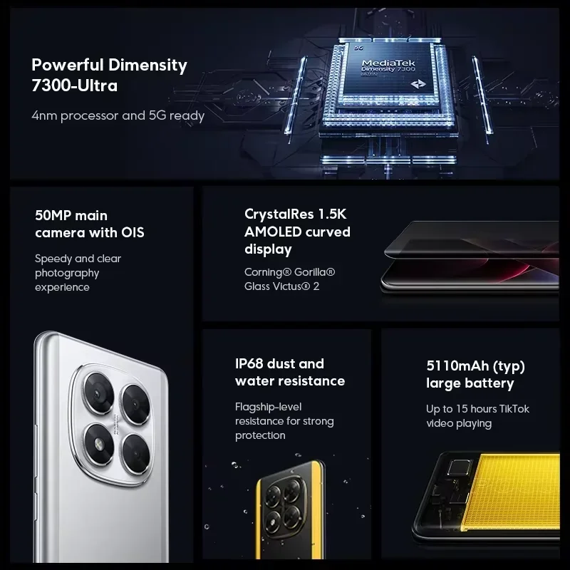 الإصدار العالمي POCO X7 5G الهاتف الذكي الأبعاد 7300 Ultra 6.67 "AMOLED شاشة منحنية 50MP كاميرا 5110mAh 45W شحن توربو