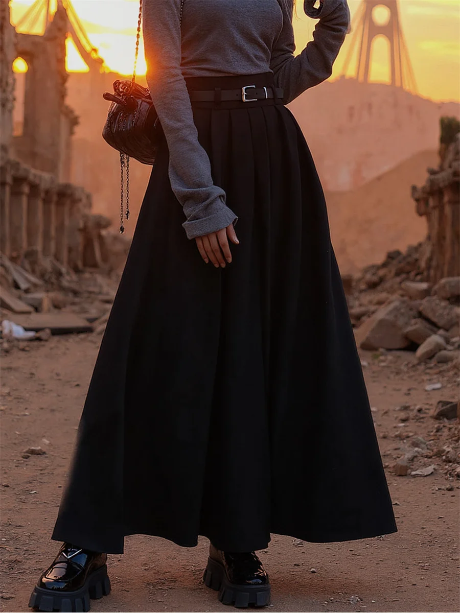 

Pleated Floor Length Skirts Womens Tiered Pleats Drawstring Waist Elegant Ruffled Hem Artistic Minimalist Chic Skirt Summer