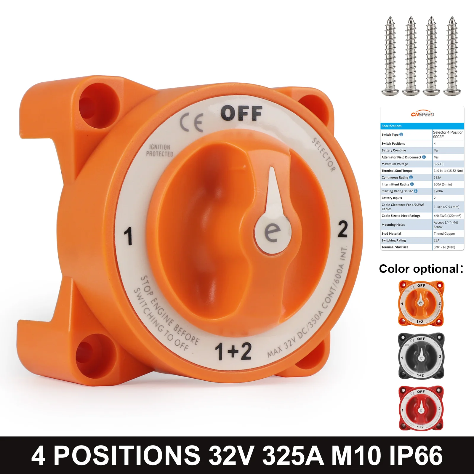 

CNSPEED 325A 32V DC Selector 4 Position 9002E e-Series Battery Isolator Disconnect Switch With AFD For Marine Boat Car Truck RV