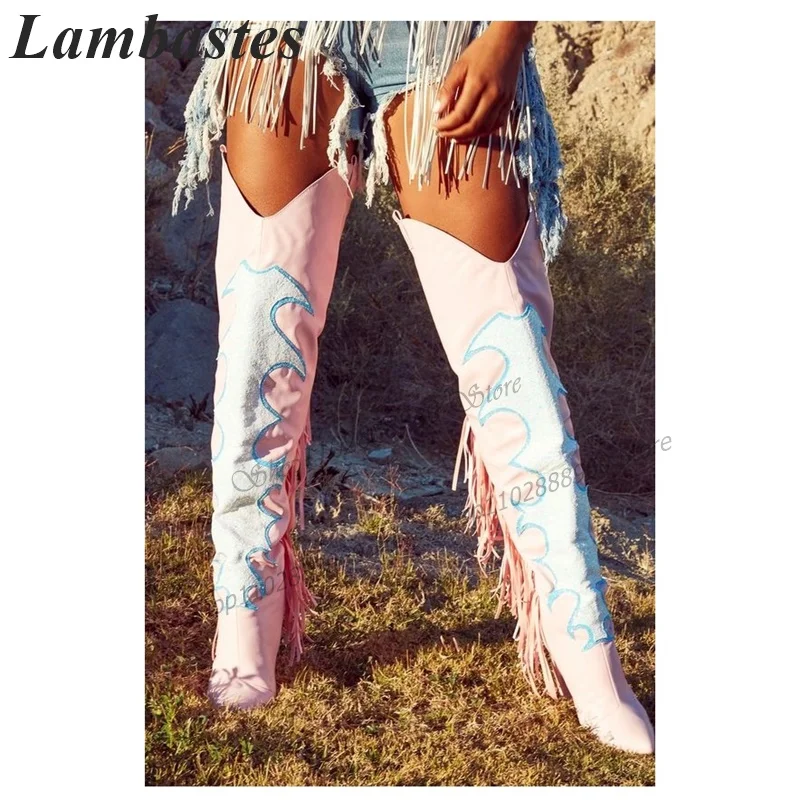 

Plus Size Thigh High Pink Fringe Decor Boots Stilettos High Heel Shoes For Women Slip-On Pointed Toe 2023 Zapatos Para Mujere