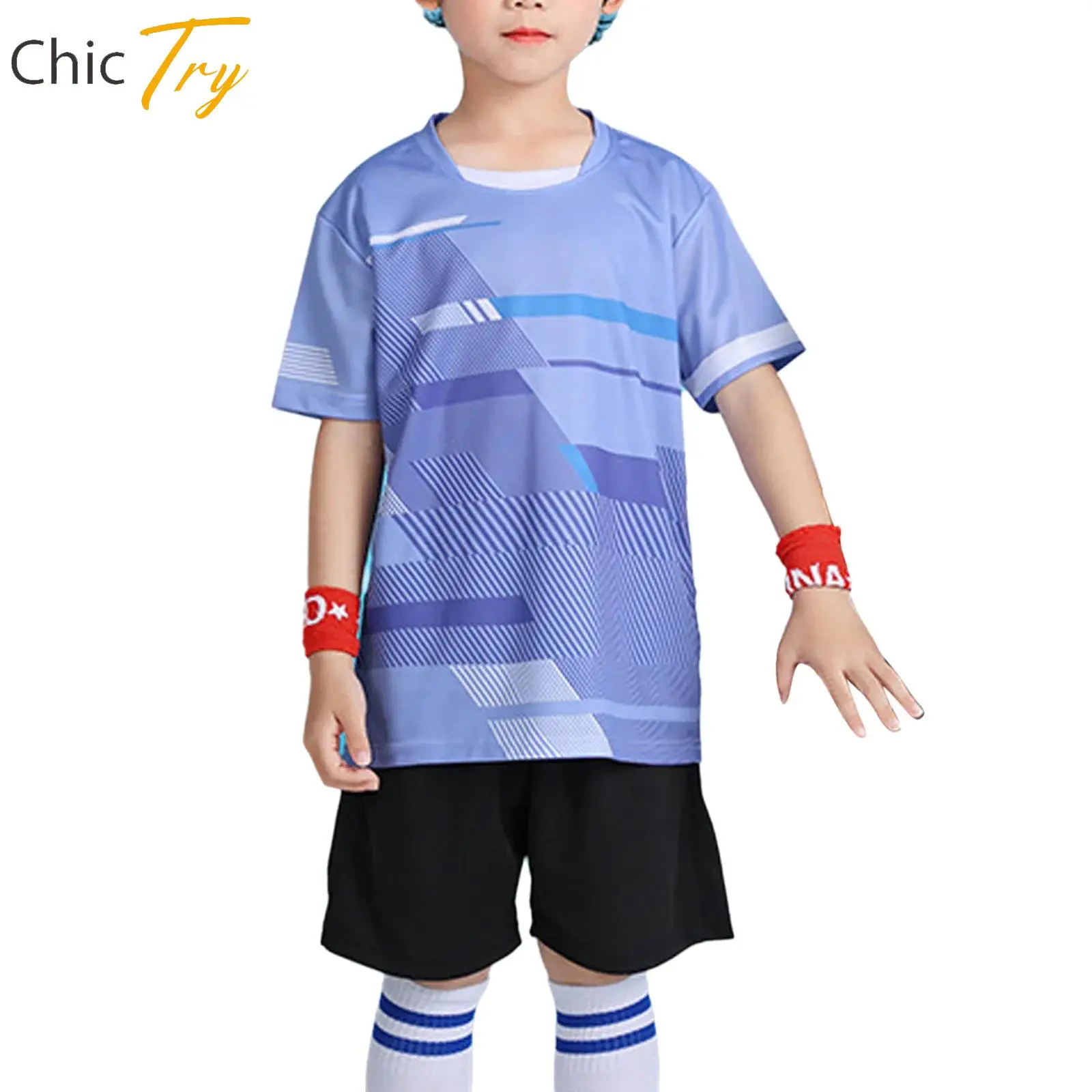 

Boys Stretch Soccer Uniform Football Badminton Training Workout Outfit Breathable V-Neck Short Sleeve T-shirt+Shorts Sports Set