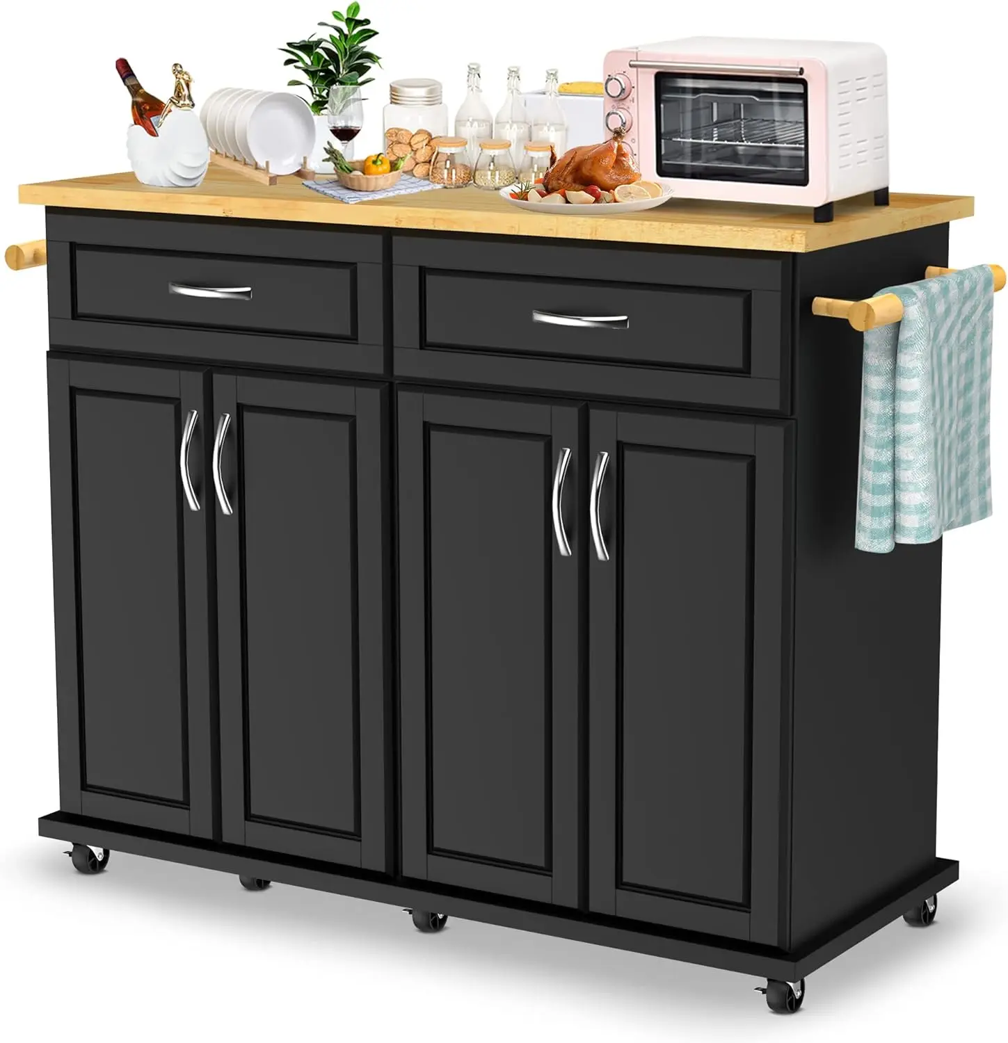 chen Island Cart On Wheels With Drawer, Rolling Kitchen Cart With Towel And 2 Storage Cabinet, Kitchen Island With Rubber