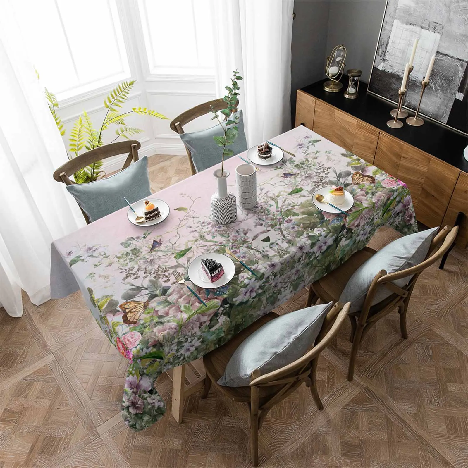 

Plant Butterfly Illustration Anti-scalding Thickened Waterproof Tablecloth Rectangular Round Table Cover Kitchen Furnishings