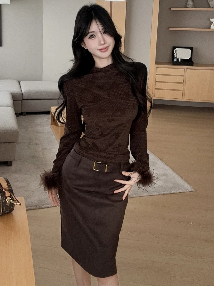 Slimming Floral Embroidery round Neck Design Sleeve Patchwork Top And Skirt Set Sexy Tummy Control High Waist Midi Skirt