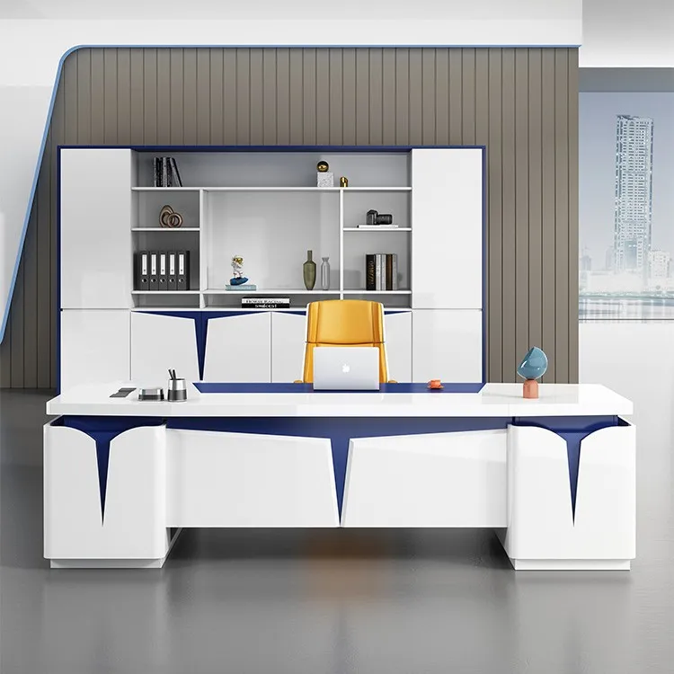 

Индивидуальная модная краска, простой современный белый стол босса и стул, комбинированный президентский стол