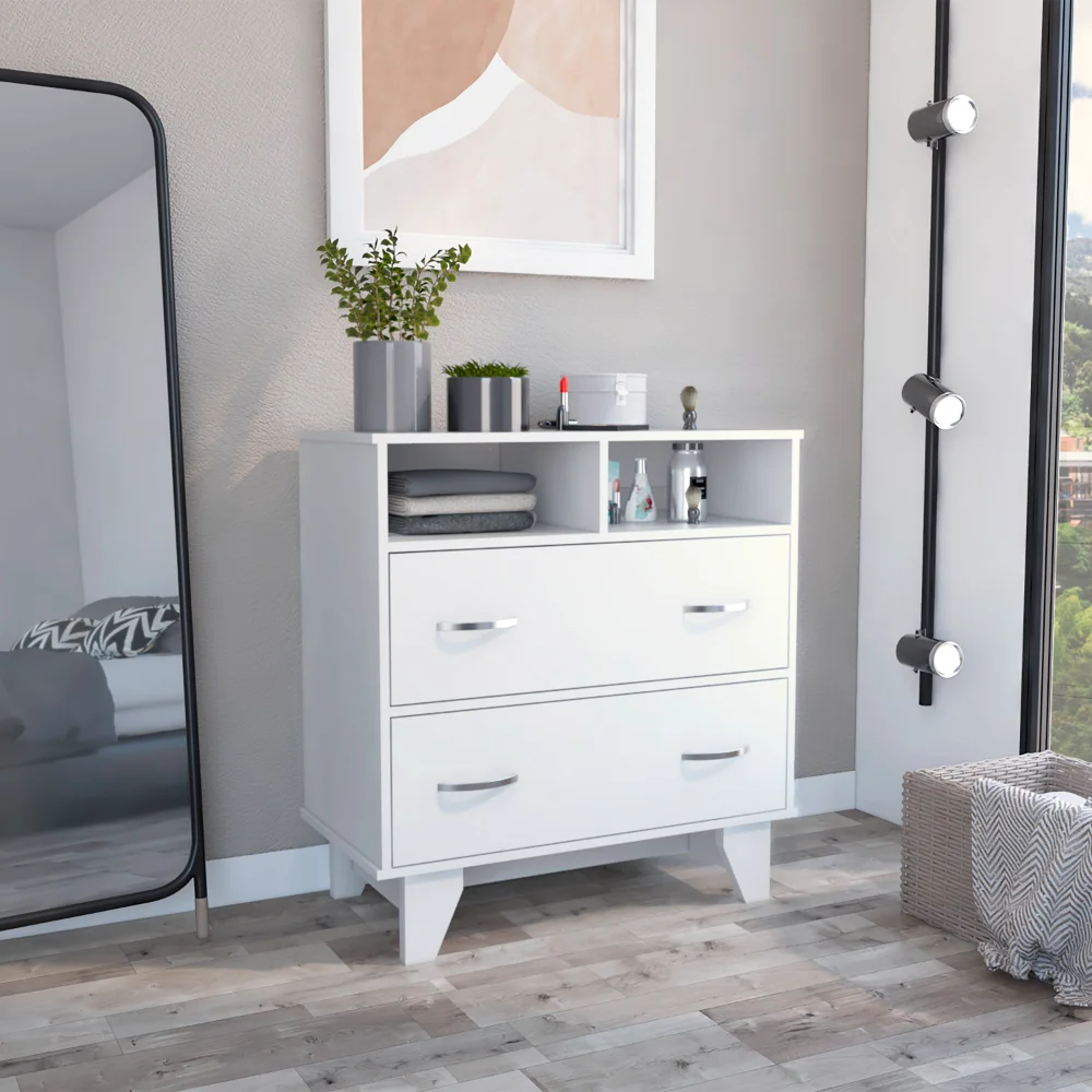 Portanova Two Drawer Dresser, Two Open Shelves, Superior Top,  Four Legs -White