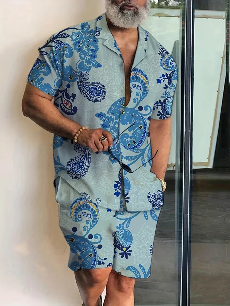 

Summer Vacation And Casual beachwear, men's 3d Hawaiian Print 2-piece set, short-sleeved Shirt shorts, Suit