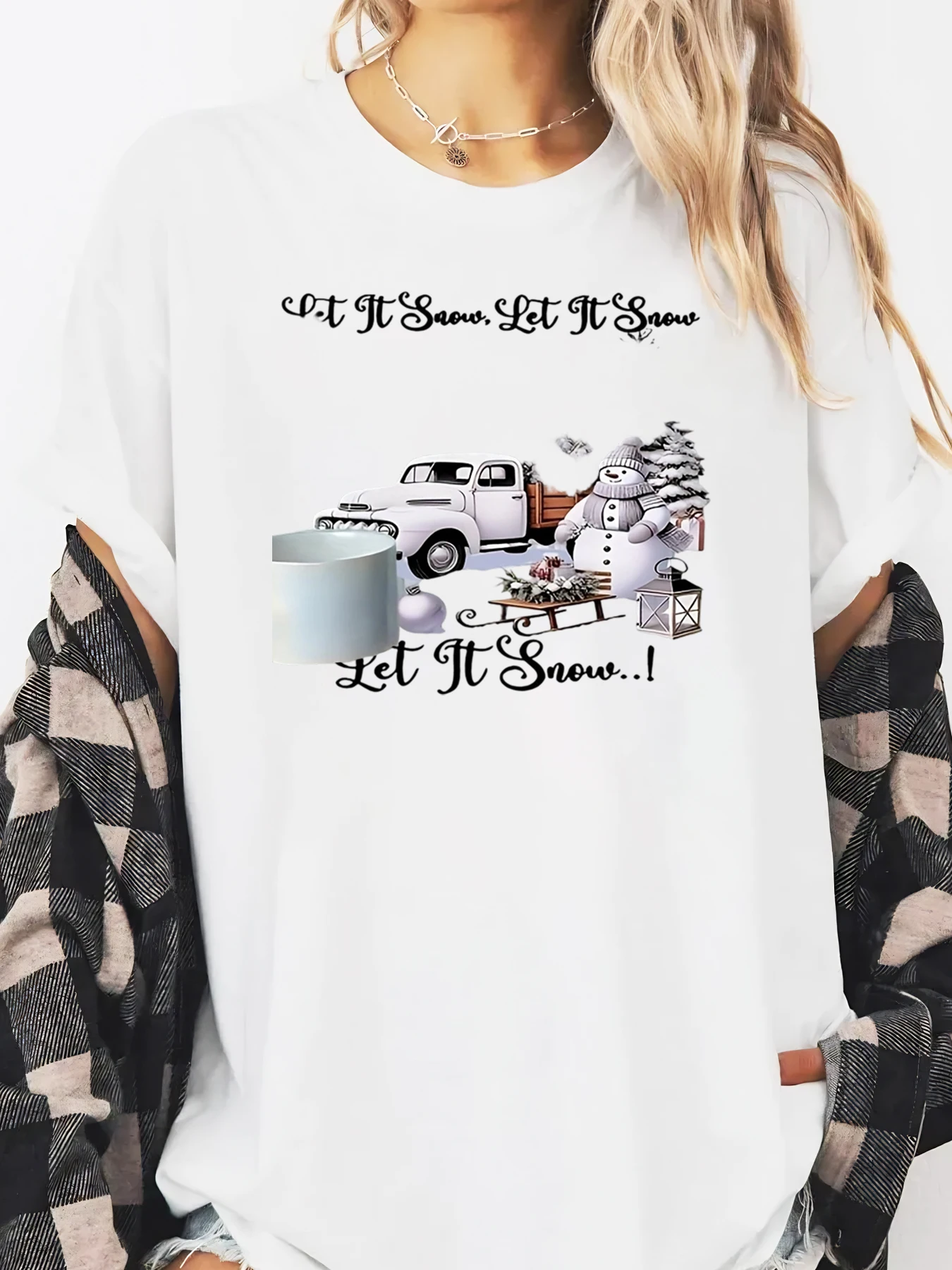 Let It Snow T-shirt a maniche lunghe natalizia con stampa pupazzo di neve per camion vintage da donna Abbigliamento casual per le vacanze invernali Bianco Taglie forti