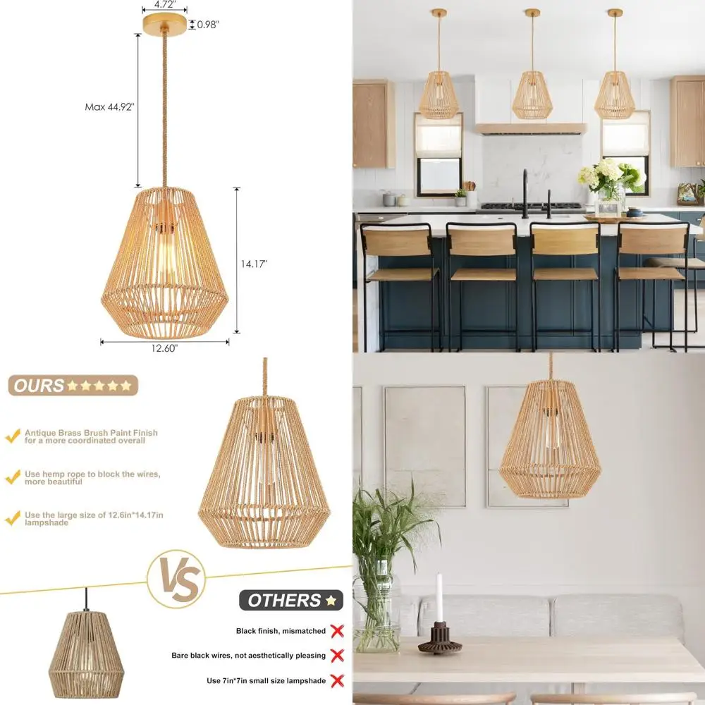 

Тканые подвесные светильники Подвесной светильник с 12-дюймовым ручным абажуром из ротанговой корзины, античная латунная кисть, краска или кухонный остров, архаус D