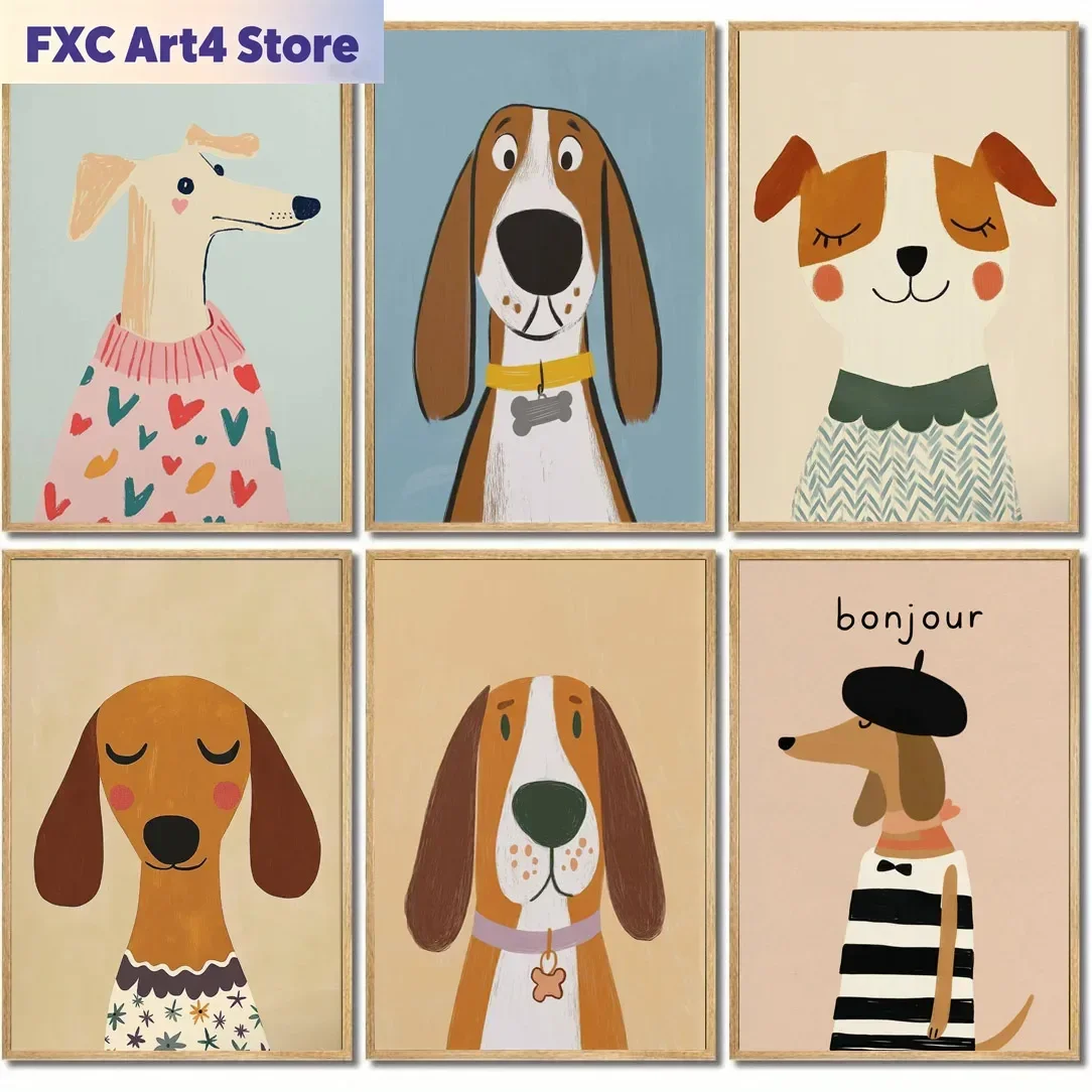 Frameless Minimalist Dog Aesthetics Poster Dachshund Bagel Hound Whippet Poodle Modern Pet Portrait Illustration Home Animal Dec