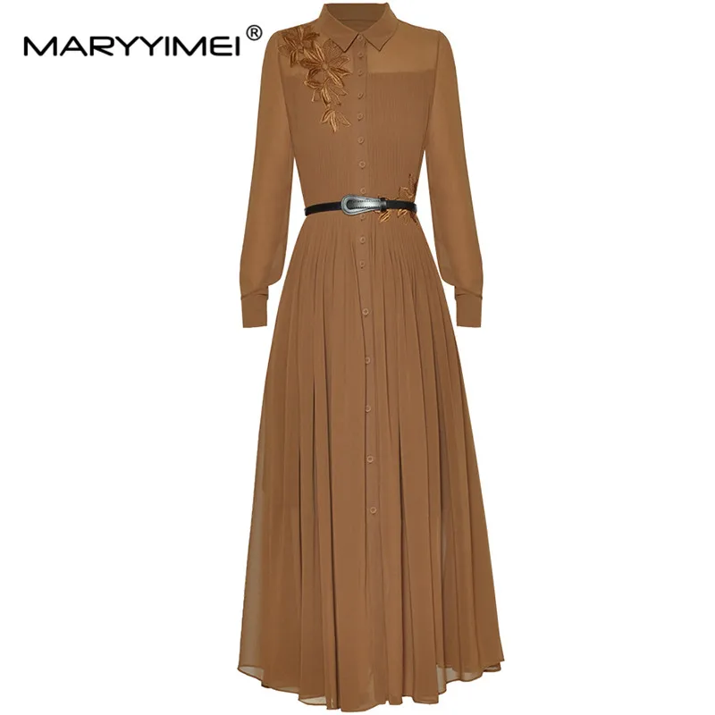 

MARYYIMEI New Fashion Women's Lapel Single Breasted Lace-Up Closed Waist Embroidered Pleats Elegant Big Swing Dress