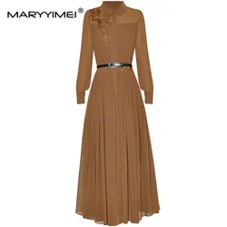 MARYYIMEI New Fashion Women's Lapel Single Breasted Lace-Up Closed Waist Embroidered Pleats Elegant Big Swing Dress