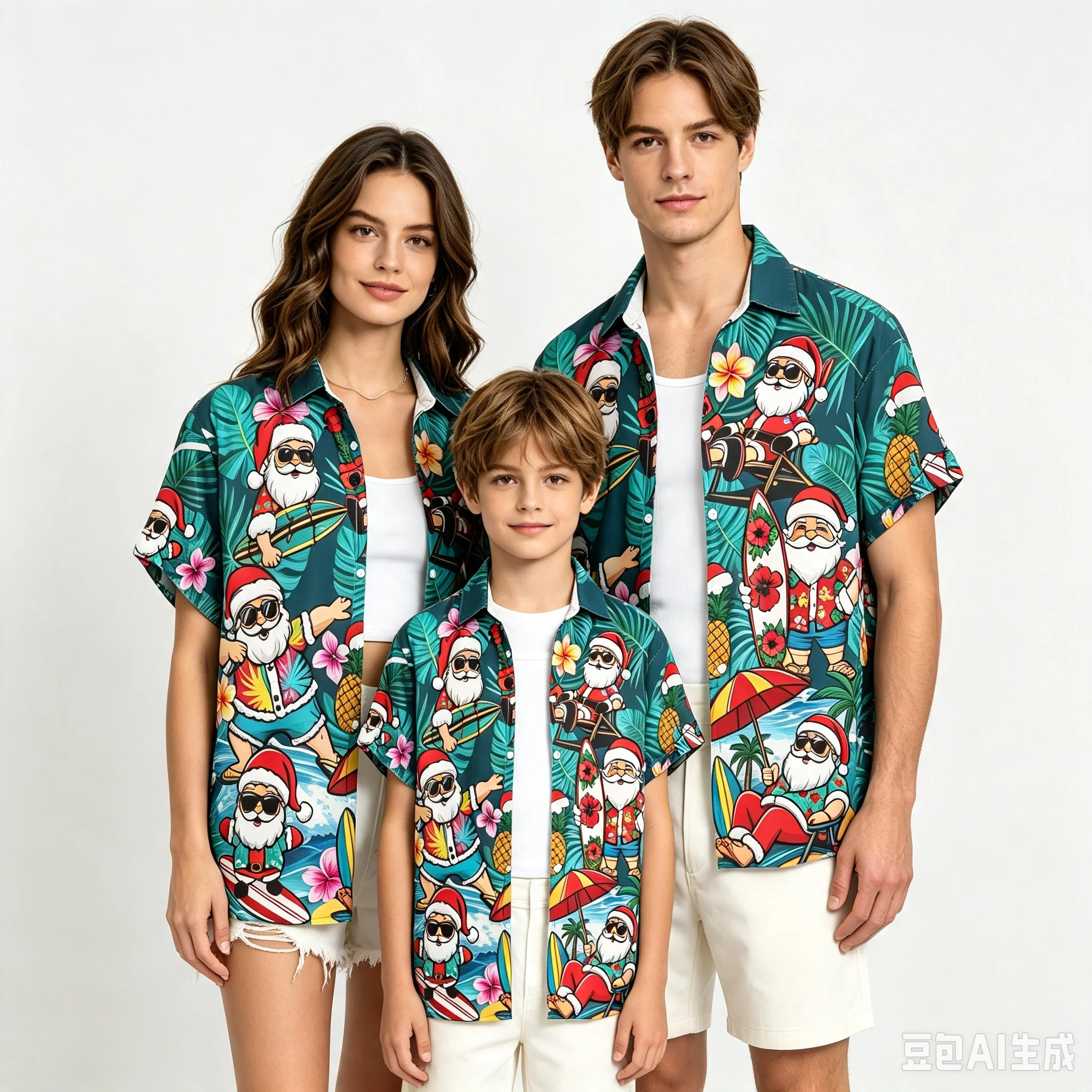 Family Matching Hawaiian Shirt, Christmas Santa Claus Beach Palm Tree Print Short Sleeve Button Down Shirt, Tropical Summer