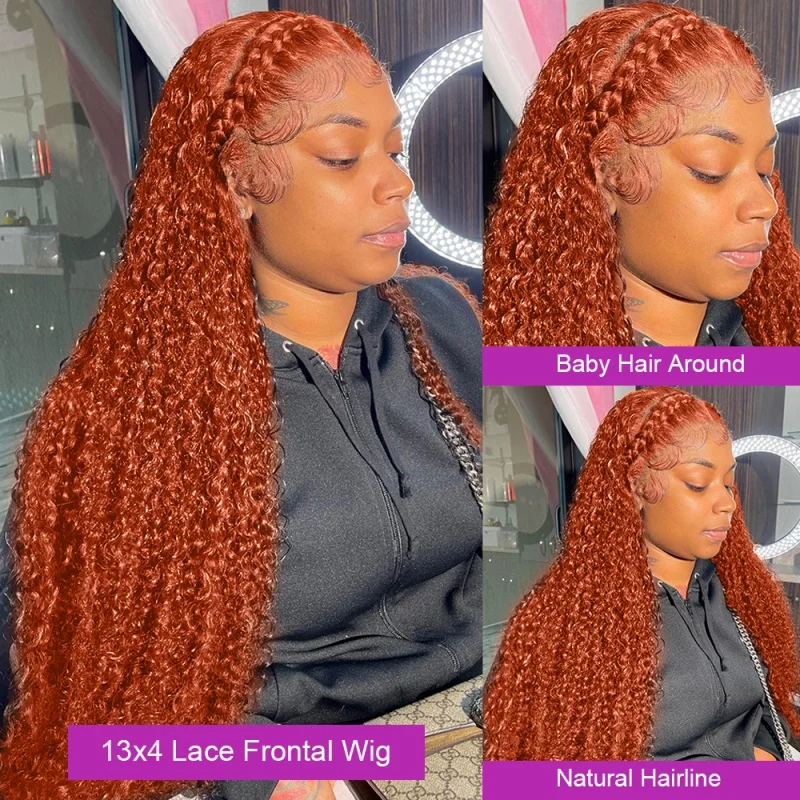 Laranja gengibre laço frontal perucas para mulheres, cabelo humano, onda profunda, 13x4, transparente, pré arrancado, encaracolado