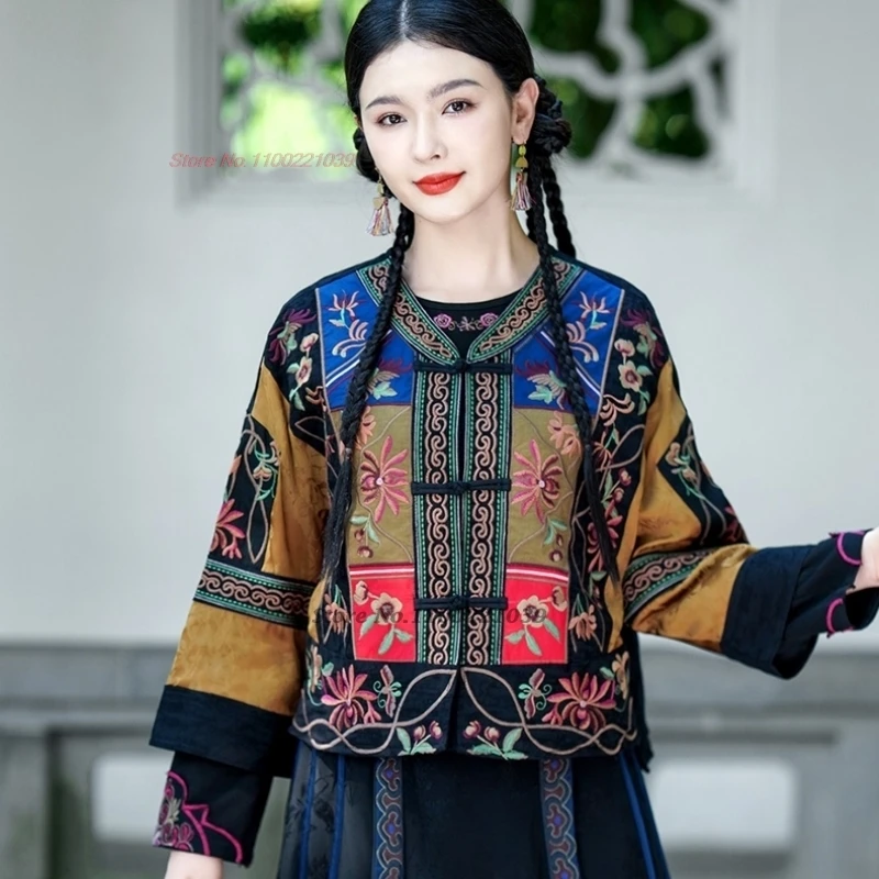 

2026 chinese vintage coat national flower embroidery hanfu tops oriental improved v-neck folk coat traditional ethnic jacket