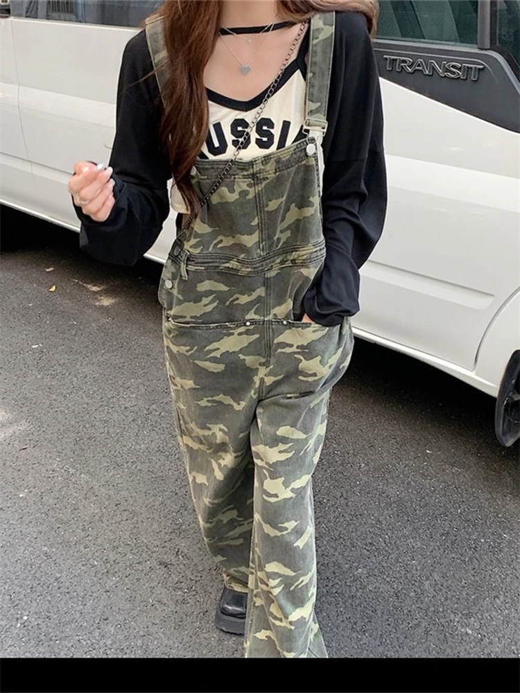 Women's Camouflage High Waisted Jumpsuit Classic Vintage Overalls Fashion Girl Wide Leg Pants Female Baggy Rompers Trouser