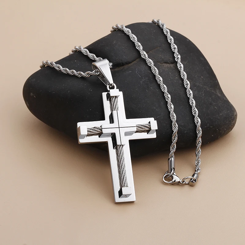 Fongten Stainless Steel Pendant Necklace for Men Multiple Color Cable Cross Twisted Link Chain Male Neck Christian Jewelry