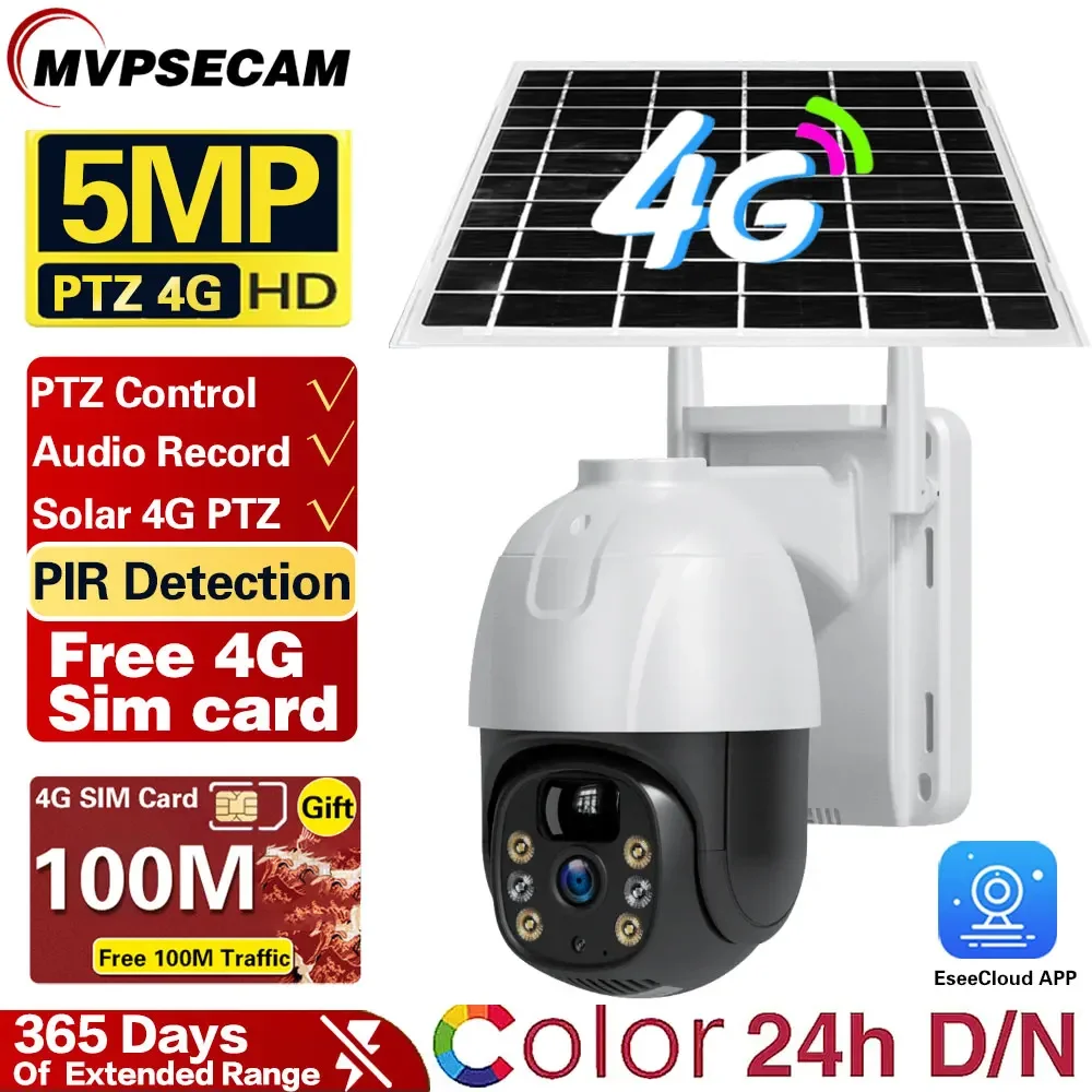 

5MP 4G Sim Card Outdoor Solar PTZ IP Camera With Audio Solar Panel Recharge Battery CCTV Video Surveillance Camera Auto Tracking