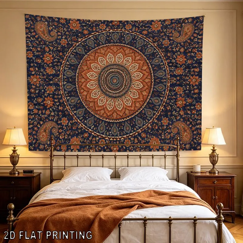 Mandala Floral Tapestry, Navy Blue Orange Paisley Flower Pattern, Vintage Bohemian Ethnic Wall Hanging for Bedroom Dorm Decor