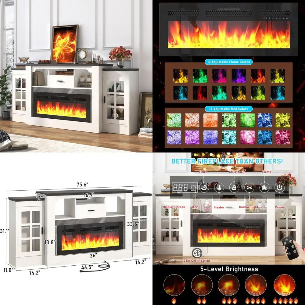

75 Electric Fireplace Mantel with Power Outlets for 70 TVs, Tall Farmhouse Style TV Stand with Heater & Remote
