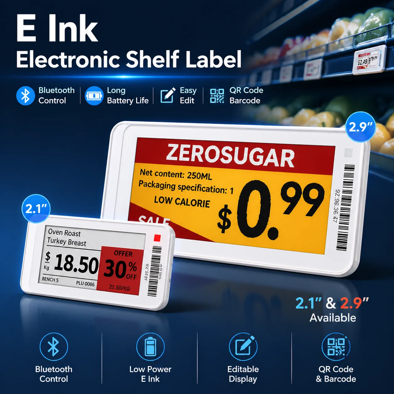2.1/2.9'' Bluetooth E Ink Electronic Shelf Label ESL Price Tag Wireless Smart Display For Supermarket Store QR Barcode Editable