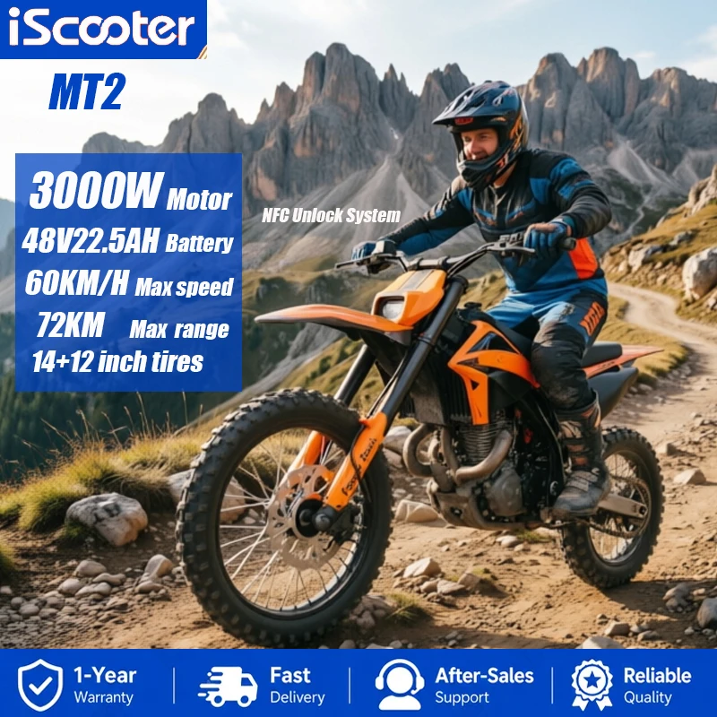 Moto tout-terrain électrique iScooter MT2, moteur de 3000 W, batterie au lithium amovible 48 V 22,5 Ah, autonomie maximale de 72 km, pneus tubulaires 14F/12R, double suspension, frein à disque hydraulique, déverrouillage NFC, moto électrique tout-terrain à 3 vitesses réglables