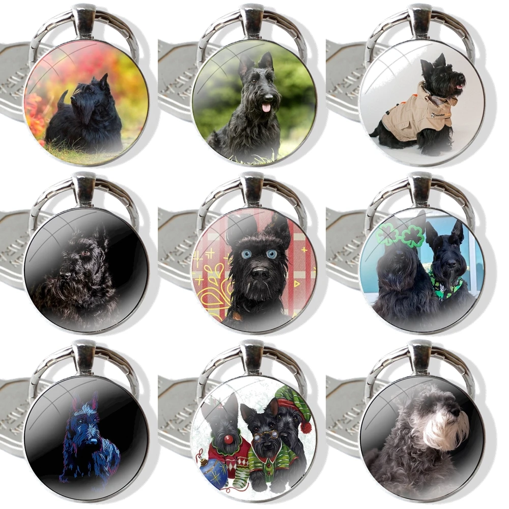 Fashion Scottish Terrier Dog Keychain Handmade Glass Cabochon Key Ring Holder Pendant Key Chains