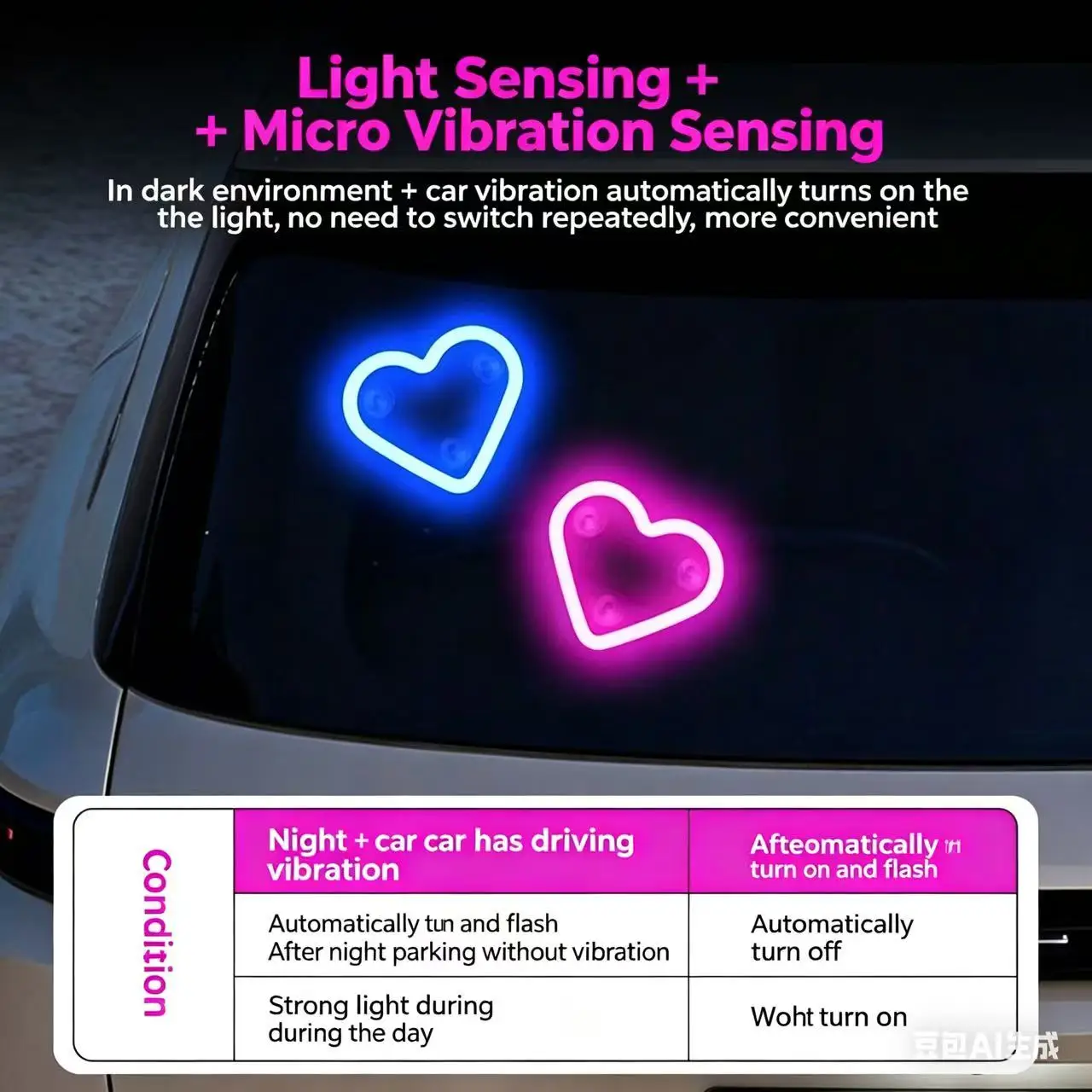 Solar-Powered Led Car Window Neon Lights - Heart-Shaped Rgb-Free Color-Changing Interior Wiring Free Atmosphere Light