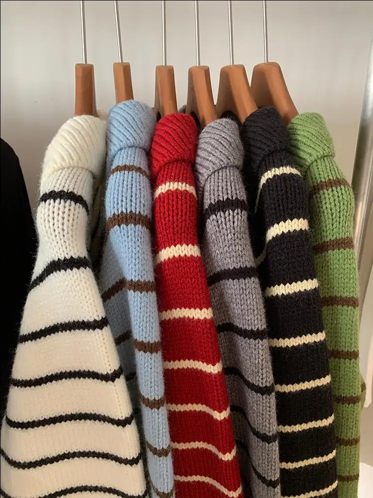 Ele vintage ne listrado camisola feminina solta ajuste outono novo sle emagrecimento topo quali malha longa sve camisola