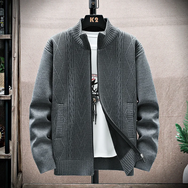 Fashion Mens Zip Sweaters Fleece-lined Cardigan Casual Men\'s Knitted Sweater Coat Autumn Winter