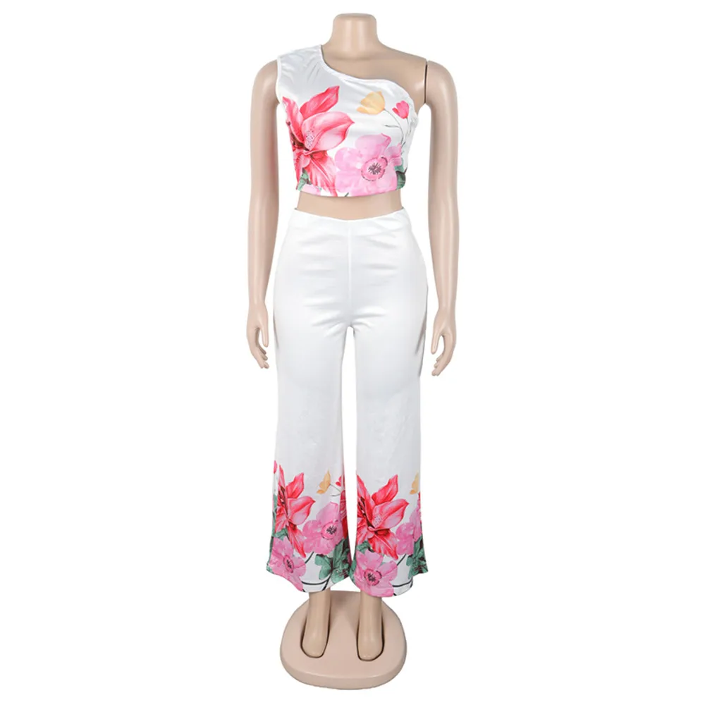 BKLD Women Elegant Commuting Elastic Wide Leg Pants Slanted Shoulder Sleeveless Tops Two Piece Sets Fashion Flower Printed