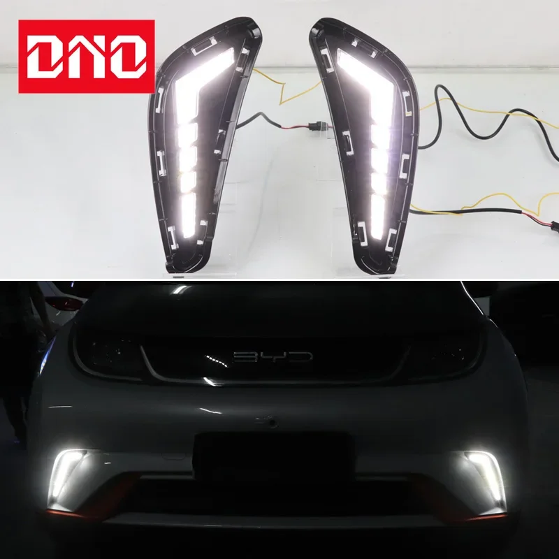 Car LED DRL 12V Daytimes Running Lights For BYD Dolphin 2021 2022 Yellow Turn Signal Night Blue Running Lamps Car Foglamps