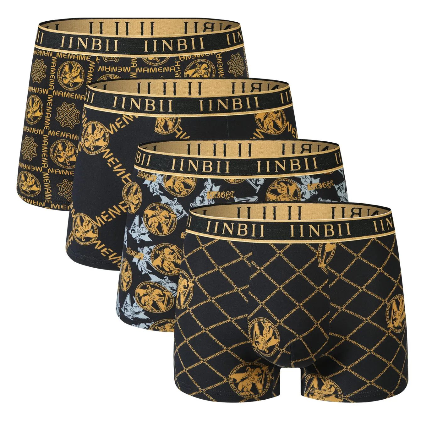 4PCS High-end Men's Printed Boxer Shorts, Breathable and Comfortable, Black and Gold Printed Men's Underwear