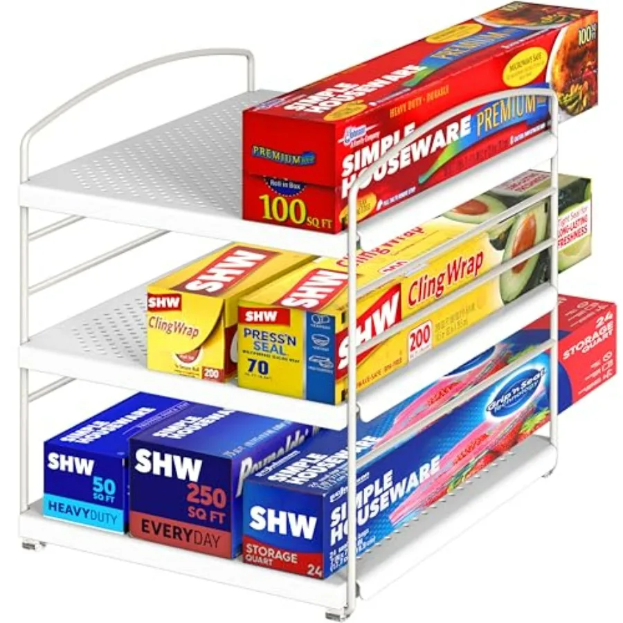 

Kitchen Wrap Organizer Storage Height Adjustable Rack, White
