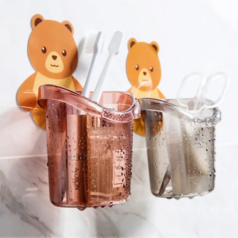 

The Bear Wall Mounted Toothbrush Holder and Paste Kids Things Bathroom Accessories Shelf Storage Supplies Organizer