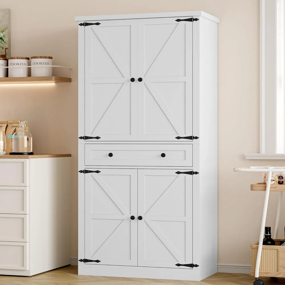 

Organizers and Storage Cabinet, 70” Barn Door White Kitchen Cabinet with Drawers and Adjustable Shelf, Tall Pantry for Ki