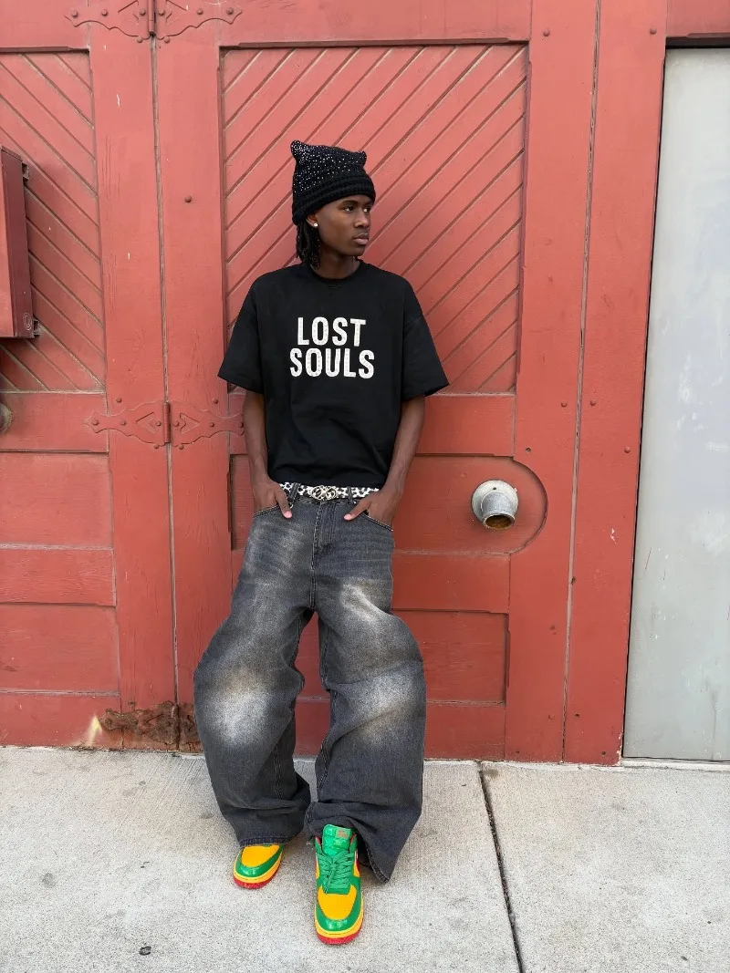 جديد ريترو رسالة عادية فضفاض القطن الأسود قصيرة الأكمام الرجال الشارع الأمريكي الهيب هوب Harajuku Y2K موضة تي شيرت المرأة