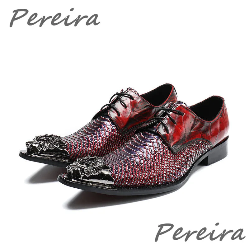 Metal Pointed Toe Snake Patterned Men\'s Shoes Wine Red Lace Up Genuine Leather Formal Shoe Fashion British Style Brogue Shoes