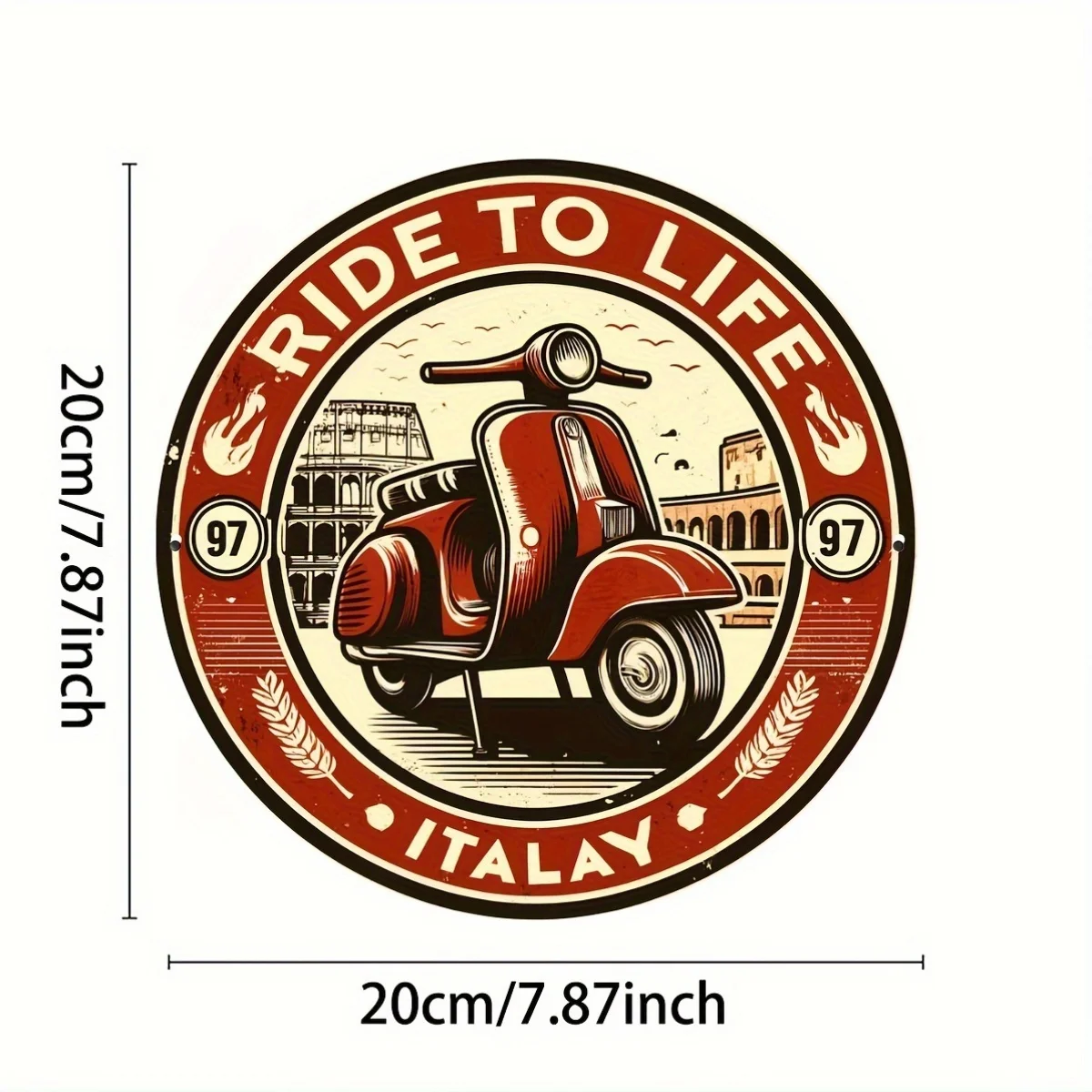 Vintage Italian Style Red Scooter High Definition Metal Wall Art Sign Ride To Life 1997 Round Iron Painting for Cafe Garage Man