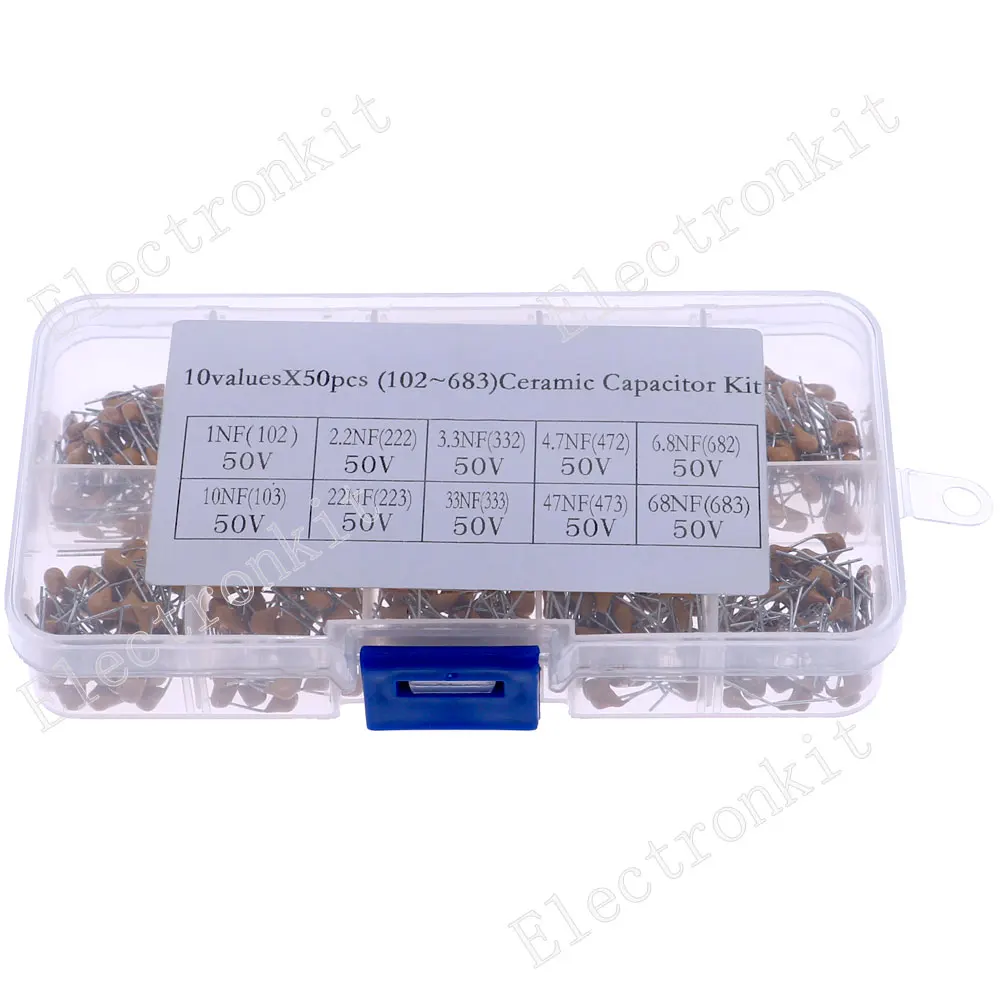 500pcs 10Value 50V Multilayer Monolithic Ceramic Capacitors Mixed Box kit 1nF 2.2nF 3.3nF 4.7nF 6.8nF 10nF 22nF 33nF 47nF 68nF