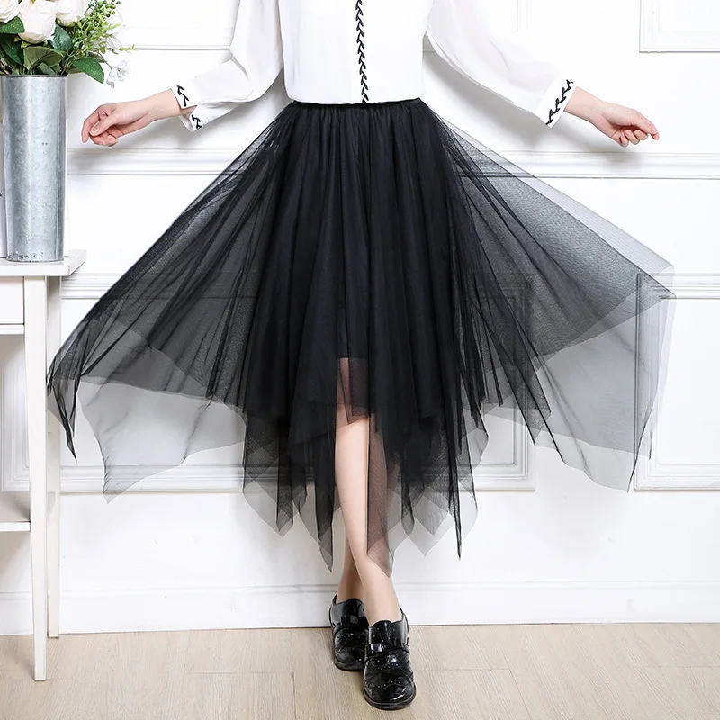 

Gothic Black Mesh Tulle Long Skirt 2023 Fashion Harajuku Elastic High Waist Tutu Maxi Pleated Midi Jupe Women's Skirts