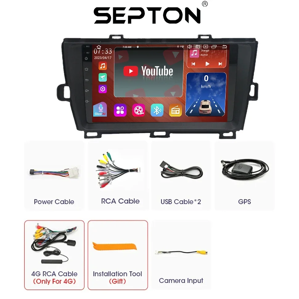 SEPTON  8+128G Car Radio For Toyota Prius XW30 2009 - 2015 Head Unit Wifi Carplay Android Auto GPS Multimedia Video Player